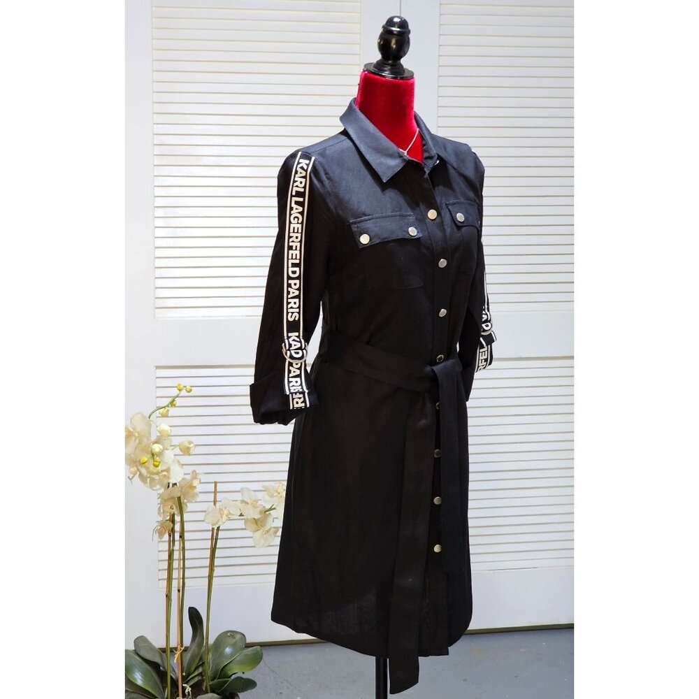 Karl Lagerfeld Paris Women's Black Linen Blend Logo Tape Shirtdress Sz 4 2444 - Picture 3 of 16